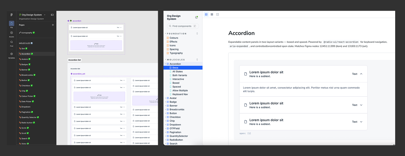 Figma design system sidebar alongside Accordion component documentation in Storybook